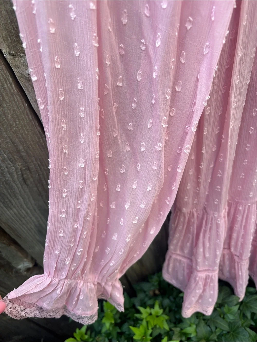 Anthropologie Pink Ruffle Swiss-Dot Long Sleeve Dress